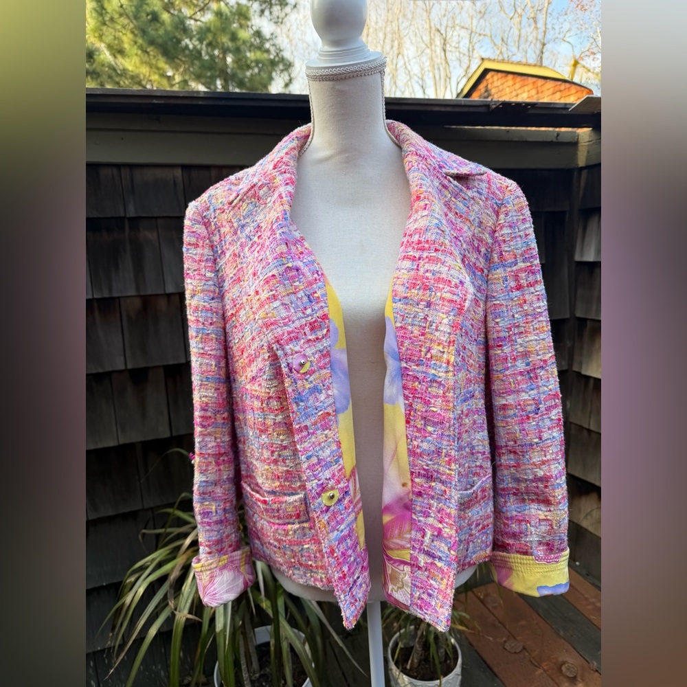 Escada tweed blazer jacket pastels silk floral lining Sz 44 L pinks yellows - Picture 5 of 13